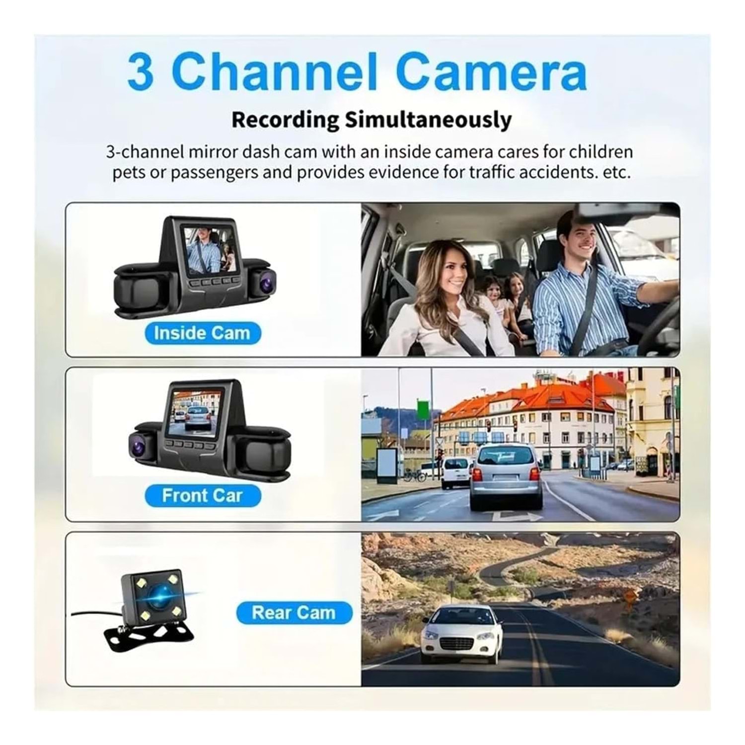 Bilişim Burada HD Araç kamerası Geniş Görüş Açısı Ön Arka ve Araç içi 3 Kamera Kanal Desteği, Hareket Dedektör Desteği, TF Kart Desteği Dash Cam (0076)